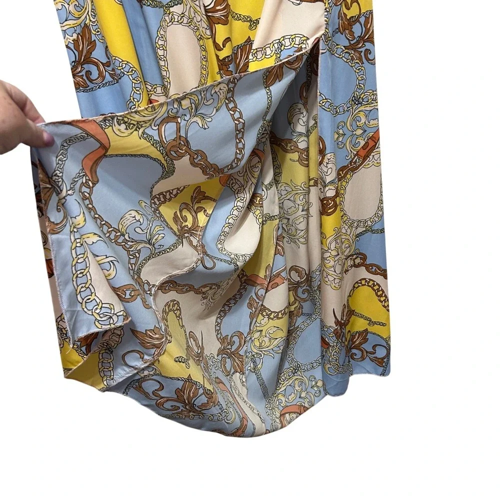 Truth‎ Womens Pants XL Blue Yellow Chain Print Wide Slit Leg Palazzo Boho Resort